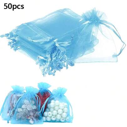 50pcs Transparent Drawstring Organza Jewelry Bags, Wedding Party, Christmas, Wedding Favor Gift Bags (Light Blue)