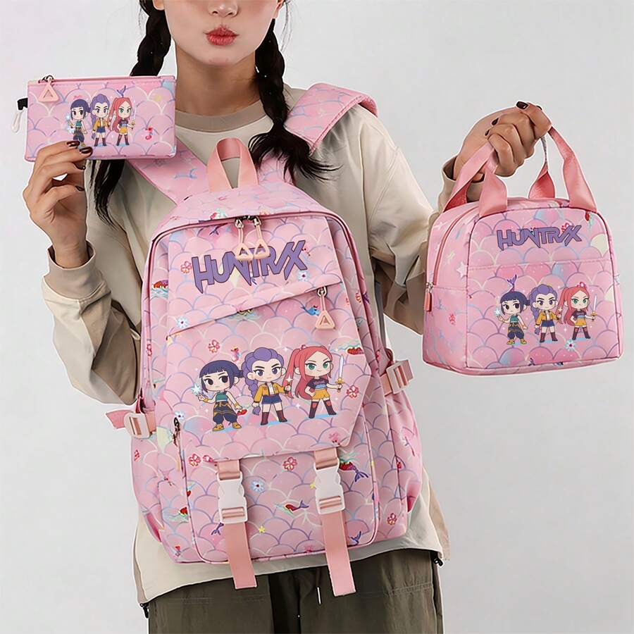 Miniso 3Pcs Pink Mermaid Scale Backpack Set, Cartoon Girl Character Print Rucksack With Matching Lunch Bag & Pencil Case, For School, Picnic, Weekend Trip, C - Pink - View 1