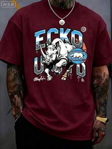 Men's 220g 100% Cotton ECKO UNLTD Iridescent Rhino Graphic T-Shirt,And Breathable Men's Sportswear, Suitable For Everyday Wear,Outings, Commuting. - 酒紅色 - 查看 1