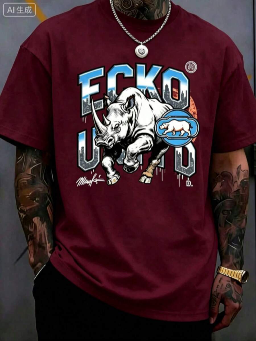 Men's 220g 100% Cotton ECKO UNLTD Iridescent Rhino Graphic T-Shirt,And Breathable Men's Sportswear, Suitable For Everyday Wear,Outings, Commuting. - 酒紅色 - 查看 1