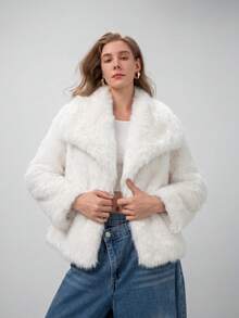 HZXVIC Women's Winter New French Luxury Big Collar Fake Leather Grass Coat - White - View 4