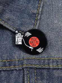 1pc Vintage Vinyl Record Player Enamel Brooch Music Heals My Soul Text Pin Nostalgic Music Badge Backpack Clothing Accessory Music Lover Gift - Multicolor - View 8