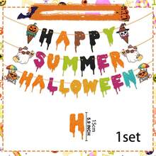 1 Set glänzendes Papier-Banner "Happy Summer Halloween" für Sommer-Halloween-Party-Dekoration, Halloween-Banner, Party-Banner-Dekoration - Übersicht 2