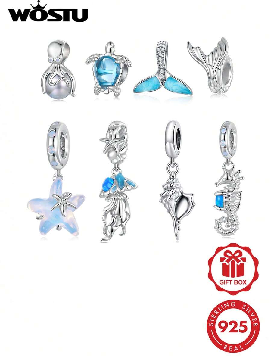 WOSTU 925純銀海洋系列吊墜珠飾 垂墜式章魚、海龜、鯨魚、美人魚、海星、水母、貝殼、海馬,歐泊琺瑯,1件,適合女性日常配戴 - 銀色 - 查看 1