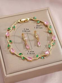3pcs/Set 18K Gold Plated Luxury Dreamy Colorful Zirconia Tulip Flower Vine Pendant Bracelet And Water Drop Earrings, Women's, Summer Beach Mom Gift, Wedding Decoration Jewelry, Daily Party Birthday Valentine's Day Gift - Gold - View 9