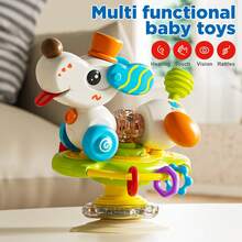 Cute Cartoon Dog High Chair Suction Toy, Rotating Interactive Baby Sensory Toy With Teether Rings, Light & Sound Developmental Rattle Toy, Infant Dining Table Educational Gift For Newborn Toddlers 18M+ - Multicolor - View 5