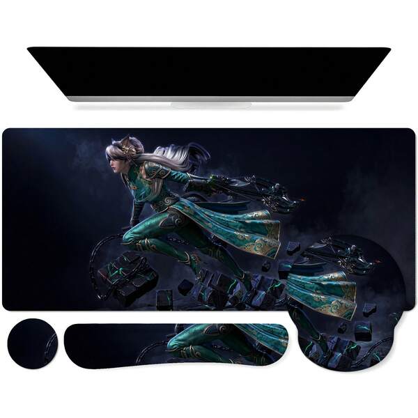 Silver Modified Sports Car Cool White Hair Girl Large Extended Gaming Mouse Pad, Light Blue Sky Simple White Base JDM Racing Wide Desk Mat, Fresh Street Racing Anime Decor Pad For PC Gamers Laptop Office