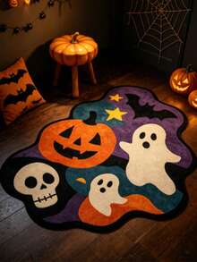 1pc Halloween Ghost Skeleton Wavy Edge Shaped Floor Mat, Decorative Rug, Floor Mat, Carpet, Living Room Rug, Bedroom Rug, Halloween Carpet - Multicolor - View 2