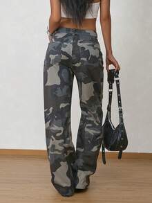 Women's Camouflage Loose Straight Leg Denim Jeans With Pockets And Buttons - Army Green - View 3