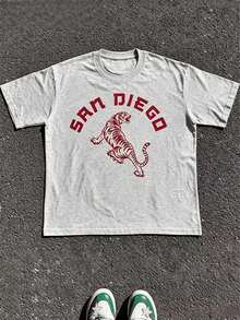 1pcs Vintage San Diego Tiger Graphic T-Shirt, Unisex Tee For Men Women, 100% Cotton Retro Funny Print Top, Summer Casual Daily Outfit - 灰色5 - 查看 11
