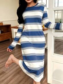 Women's Simple Comfortable Long Sleeve Maxi Nightgown, Autumn/Winter - Blue and White - View 4