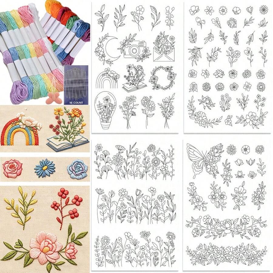 Water-Soluble Embroidery Pattern Stabilizer Floral Theme Embroidery Adhesive And Sewing Paper Pre-Printed Wreath Butterfly Pattern Suitable For Hand Sewing Enthusiasts And Beginners