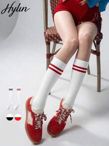 2 Pairs Women's Striped Contrast Color Sports Compression Calf Socks, Preppy Sweet Versatile Japanese Style Knee-High Socks, Comfortable And Breathable, Suitable For Spring, Summer And Autumn - Multicolor - View 6