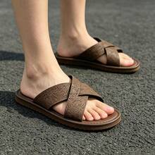 Men's Soft Sole Cross Strap Slippers, Men's Outdoor Party Business Casual Open Toe Slides, Black Minimalist Mule Slippers, Suitable For Beach, Casual And Daily Wear - All Season Comfortable, Men's Slippers, Men's Indoor Shoes - Brown - View 3