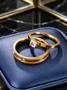 2pcs Exquisite Stainless Steel Gold Couple Rings With Frosted & Rhinestone Elements, Suitable For Men And Women Daily Wear, Holiday, Date, Engagement, Wedding Gift Jewelry (Includes Box) - Gold - View 2