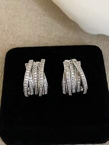 1 đôi khuyên tai kẹp vành tai hình học nhiều lớp đính đá Cubic Zirconia sang trọng, phù hợp cho nữ đeo hàng ngày và dự tiệc - Bạc - Xem 6