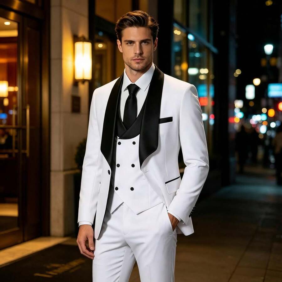 Elegant Men's Suit 3 Piece Suits One Button Slim Fit Double Breasted Clothes For Men Prom Bussiness Wedding Party Anniversary Graduation Season - 白色 - 查看 1