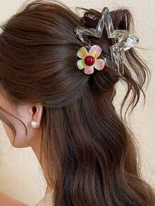 1pc New Iridescent Floral & Star Hair Claw Clip For Women, Premium Hair Claw With Full Back-Of-Head Hold, Floral Print Hair Accessory, Casual Hair Claw, All-Season Wear - Multicolor - View 1