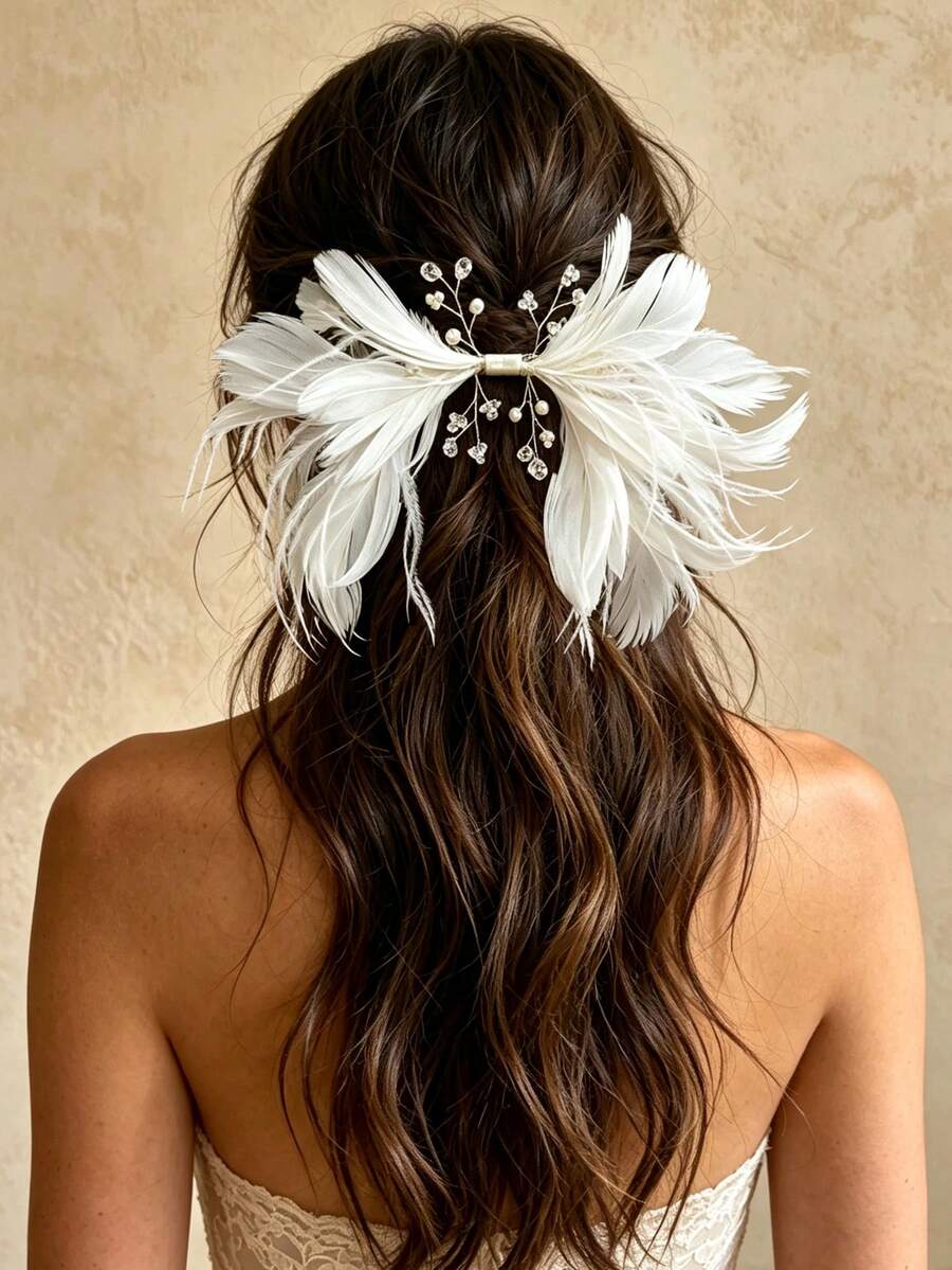 1pc Ethereal White Faux Feather Pearl Crystal Hair Clip, Bridal Wedding Dress Side Clip, Luxury Wedding Banquet Headpiece - Multicolor - View 1