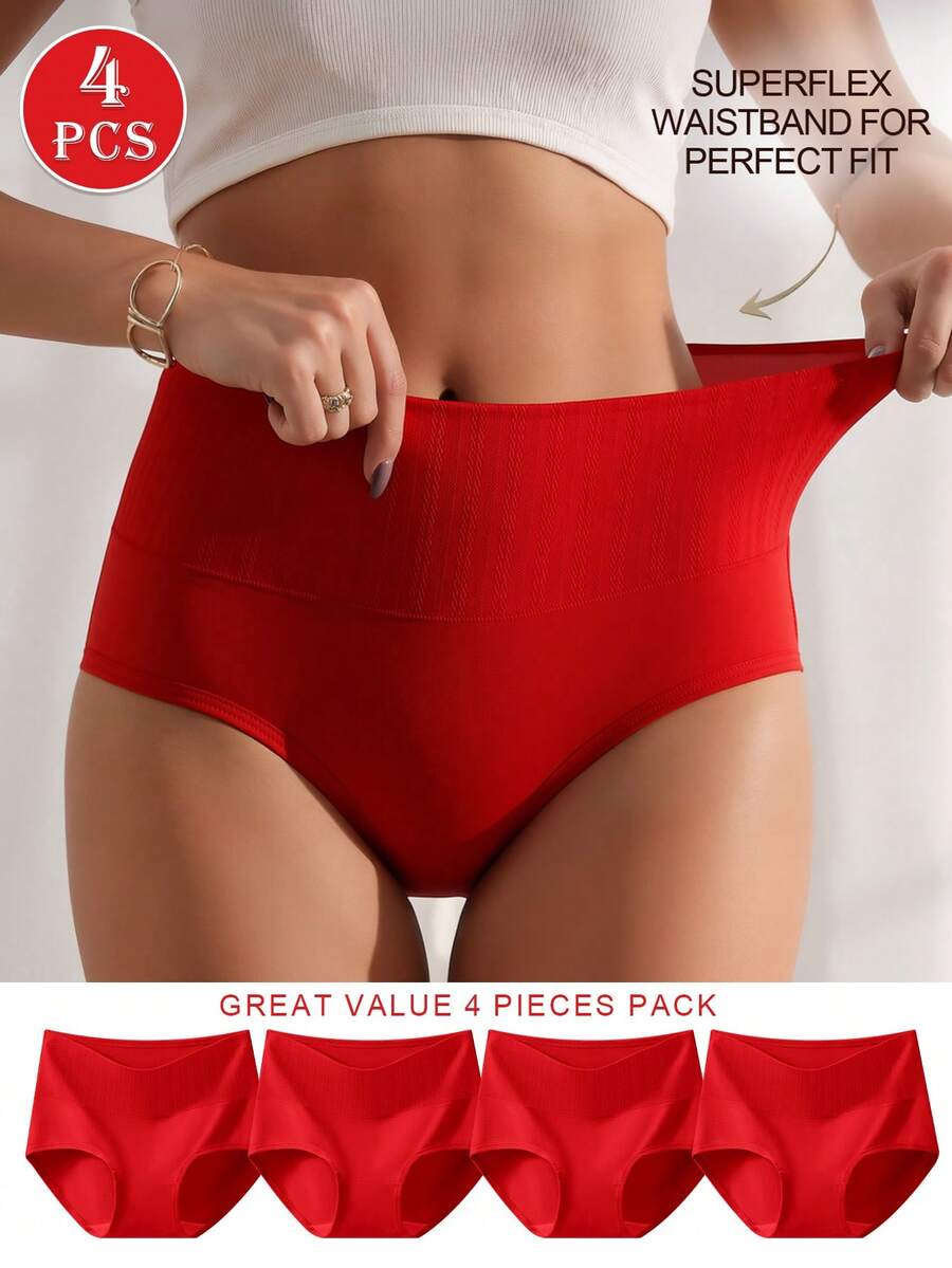 4pcs Red High Waist Jacquard Cotton Women's Triangle Panties, Premium Casual Ladies Underwear, Bodycon Elastic Comfortable Women's Lingerie - Red - View 1