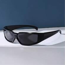 1pc Men's Glossy Wrap-Around Rectangular Fashion Glasses, Retro Thin Black Frame Travel Beach Daily UV Protection Fashion Glasses - Multicolor - View 5