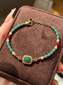 1pc Elegant Square Hollow Faux Turquoise Copper Bracelet, Fashionable Multi-Color Accessory Suitable For Parties, Galas, Everyday Wear - Multicolor - View 3