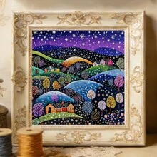 1 Set 36cm/14.17inch Whimsical Snowy Hills Village Semi-Finished Cross Stitch Kit, DIY Needlework Materials, 11CT Printed Cross Stitch Decor Painting, Creative Handmade Gift, Full Home Decor Craft Set, Frame Not Included - Whimsical Snowy Hill Village - View 4