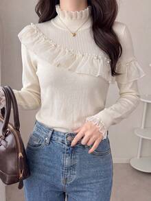 Women's New Autumn/Winter Apricot Casual Semi-High Neck Long Sleeve Ruffle Knit Base Layer Top With Beaded Design, Long Sleeve Sweater Fall - Apricot - View 3