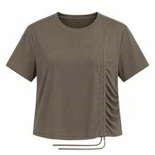 Li-Ning Women's Adjustable Drawstring Side Ruched Elastic Quick-Dry Breathable Cropped Short Sleeve Fitness T-Shirt ATSV900 - Palm Brown - View 6
