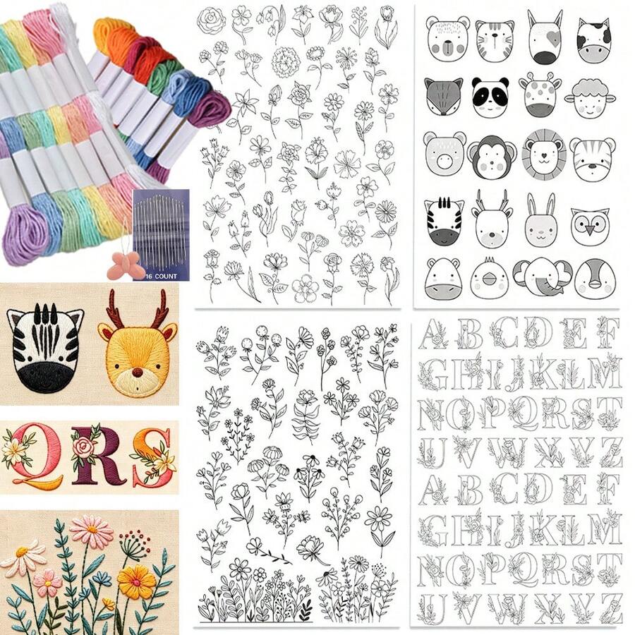 Washable Soluble Embroidery Stabilizer, Cute Animal & Floral Pattern DIY Hand Embroidery For Beginners, Pre-Printed Water-Soluble Embroidery Pattern Stabilizer