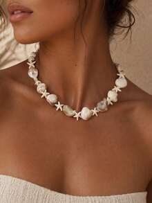 1 Stück Muschel- & Seestern-Perlenkette, Sommer-Strandstil Damen-Schlüsselbein-Kette, geeignet für den täglichen Gebrauch, Strandfotografie, Urlaubsaccessoire, exquisites hochwertiges Damenschmuck-Geschenk, Muschelform, Größe und Farbtiefe sind zufällig - Verschiedenfarbig - Übersicht 1