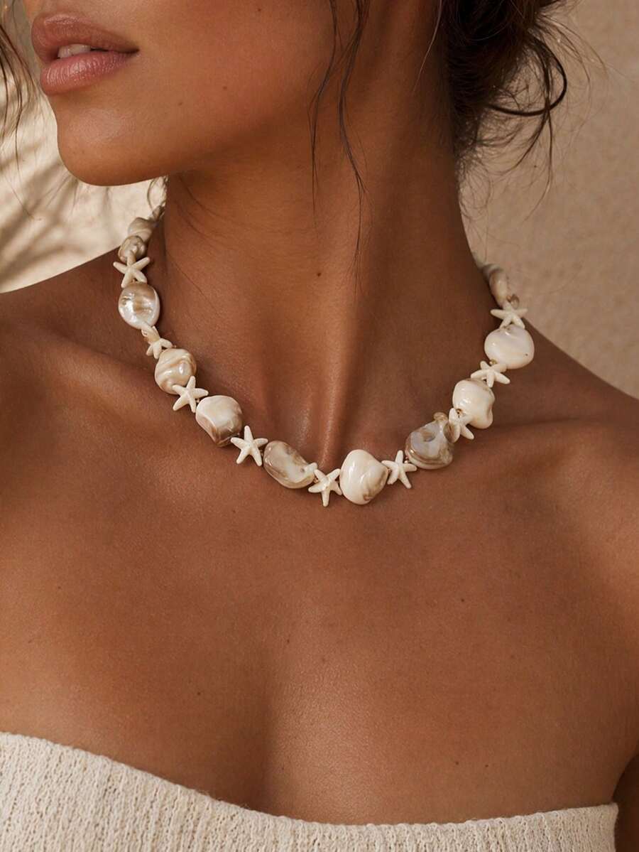 1 Stück Muschel- & Seestern-Perlenkette, Sommer-Strandstil Damen-Schlüsselbein-Kette, geeignet für den täglichen Gebrauch, Strandfotografie, Urlaubsaccessoire, exquisites hochwertiges Damenschmuck-Geschenk, Muschelform, Größe und Farbtiefe sind zufällig - Verschiedenfarbig - Übersicht 1