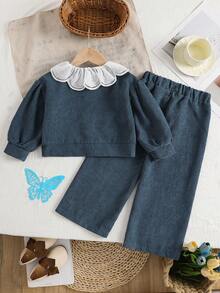 2pcs/Set Setelan Jaket dan Celana Lengan Panjang Kasual Warna Polos Kerah Peter Pan Bergaris untuk Balita Perempuan, Terbuat dari Kain Tenun Lembut dan Nyaman, Cocok untuk Pakaian Luar Ruangan, Musim Gugur/Musim Dingin - Dusty Blue - View 3