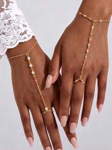 2pcs/Set Gold Cubic Zirconia Chain Finger Bracelet Set, Fashion Ring Bracelet Jewelry, Suitable As Gift, Party, Wedding - Gold 2 - View 1