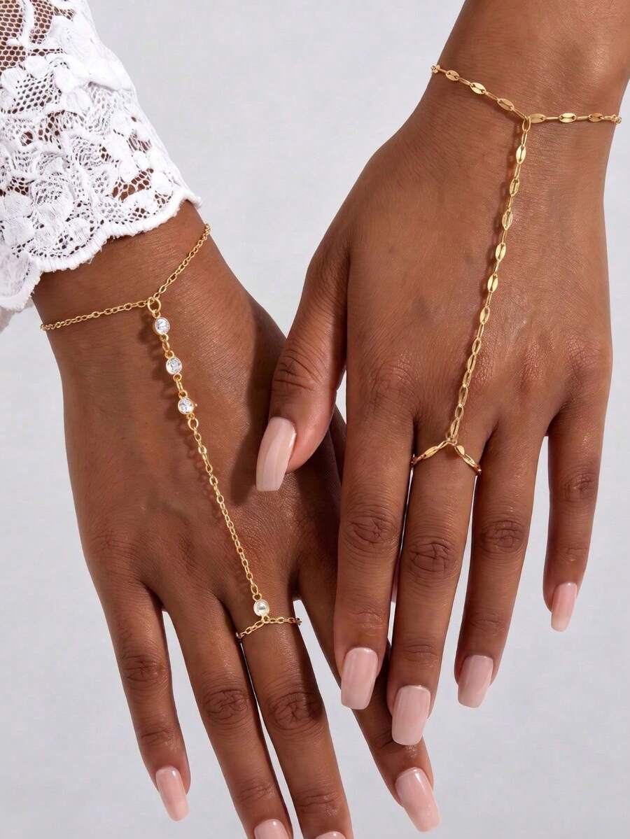 2pcs/Set Gold Cubic Zirconia Chain Finger Bracelet Set, Fashion Ring Bracelet Jewelry, Suitable As Gift, Party, Wedding - Gold 2 - View 1