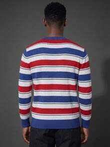 Camvyn Men's Spring/Autumn Fashion Versatile Contrast Color Striped Loose Drop Shoulder Crew Neck Long Sleeve Knit Top - Blue - View 2
