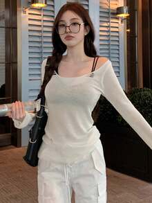 女款純色做舊設計休閒日常長袖針織衫 - 杏色 - 查看 4