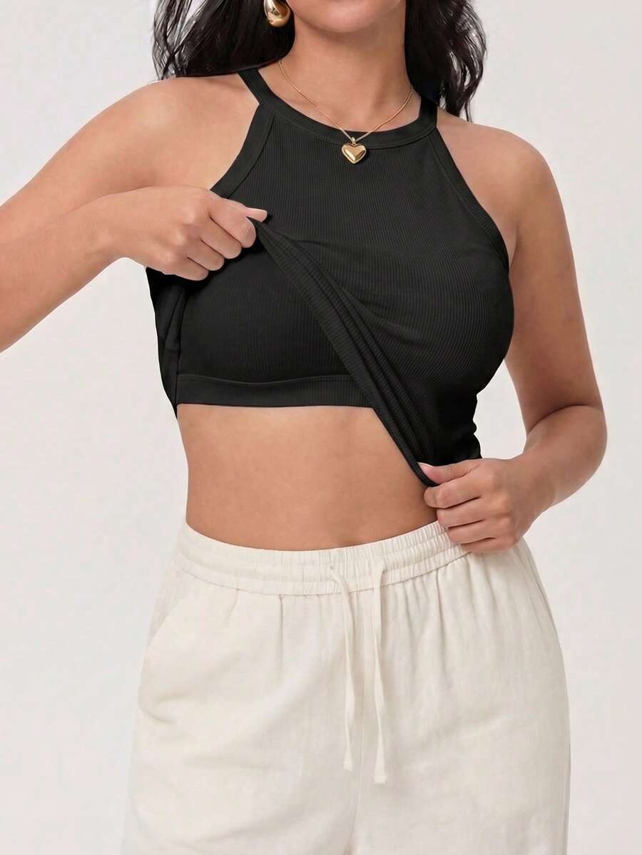 Plus Size Rib-Knit Halter Neck Tank Top With Built-In Bra, Sexy Seamless Wireless Cami, Sleeveless Summer Crop Top