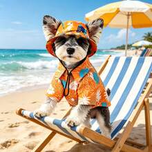 Set Perlengkapan Pelindung Matahari Musim Panas untuk Anjing (2 Potong), Kemeja Motif Bunga Hawaii yang Bernapas + Topi Pelindung UV, Pakaian Liburan Pantai untuk Anjing Kecil dan Sedang - Jeruk - View 2