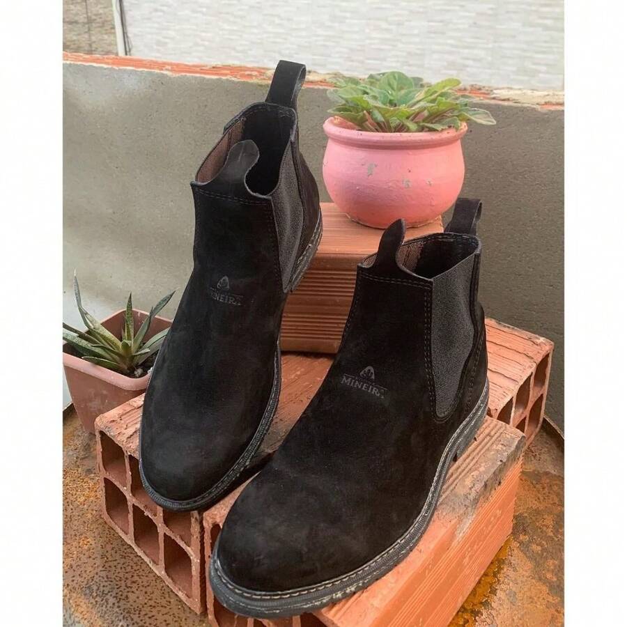 Bota Vaquejada Premium Couro Legitimo Botinas Unissex Rodeio Country Cowboy Solado Borracha Couro Nobuck - Preto - Visão 1