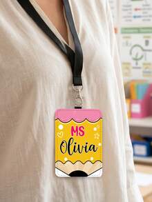 1pc Custom Teacher Name ID Badge Holder Lanyard,Personalized Pencil Apple Bow Crayon Doodle Card Sleeve,Teacher Appreciation Gift,Back To School Gift - Multicolor - View 6