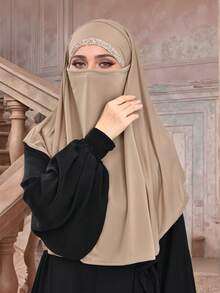 1 Buah Masker Wajah Muslim Wanita Warna Polos dengan Hiasan Berlian Imitasi, Jilbab Muslim Multifungsi dan Serbaguna untuk Berbagai Acara, Pelindung Matahari, Bernapas, Nyaman, dan Lembut - Masker wajah/jilbab bertali gaya Malaysia berhiaskan rhinestones - View 15