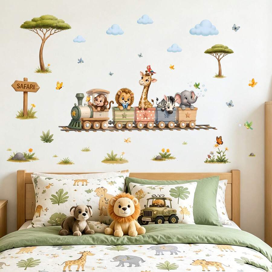 Jungle Animal Wall Decal Set - Jungle Train Wall Decal, Removable Vinyl Animal Wall Mural For Nursery, Playroom, Bedroom, Kids Room Decor - Animal Train Wall Decal - View 1