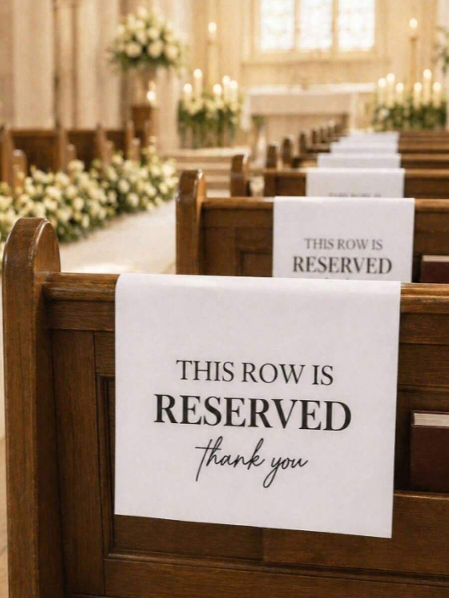 4pcs White Reserved Seat Chair Banners, "This Row Is Reserved" Pattern Seat Signs, DIY Name Chair Signs For Your Important Friends And Family, Church Pews, Wedding Banquets, Birthday Parties, Restaurants, Business Hotels, Family Gatherings, Party Favors - A - View 1
