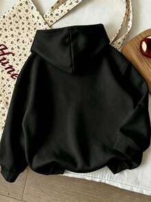 Young Girl Cartoon Pattern Warm Hooded Sweatshirt - Black - View 2