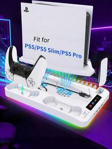GAMINJA Kühlständer mit RGB-Lampe für CD/Digitale Bearbeitungskonsole, inklusive Doppel-Ladestation für Controller, Kühlventilator, Fernbedienung/CD-Aufbewahrung, USB-Hub und Kopfhörerhalter - Verbesserte Version – Weiß - Übersicht 1
