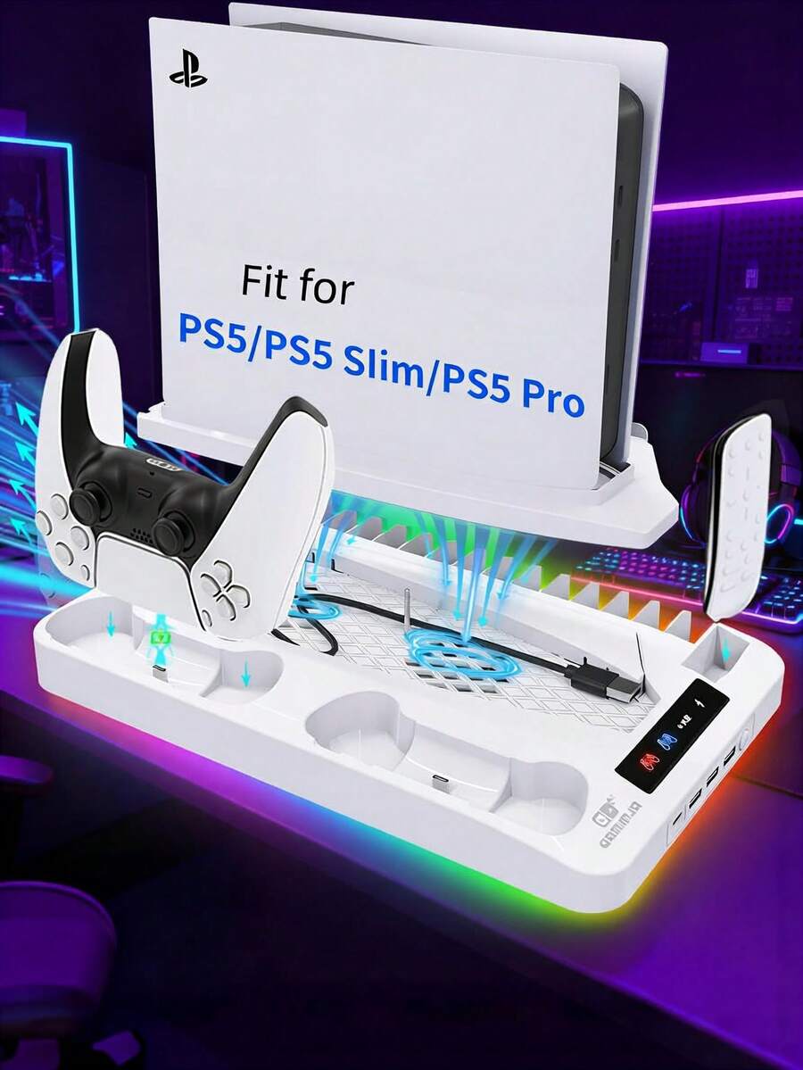 GAMINJA Kühlständer mit RGB-Lampe für CD/Digitale Bearbeitungskonsole, inklusive Doppel-Ladestation für Controller, Kühlventilator, Fernbedienung/CD-Aufbewahrung, USB-Hub und Kopfhörerhalter - Verbesserte Version – Weiß - Übersicht 1