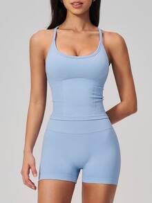 NcmRyu Women's One Set Solid Color U-Neck Spaghetti Strap Y-Shaped Criss-Cross Back Ribbed High Waist Shorts Sports Set - Baby Blue - View 6