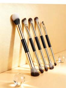 4/5pcs Solid Black Dual-Ended Makeup Brush Set, Minimalist Style Synthetic Fiber Material Multi-Shape With Built-In Mirror Case Detail, Multi-Scene Blending Function Travel Makeup Brushes Kit, For Daily Make-Up Dating Trip All Season Beauty Use - Multicolor - View 7