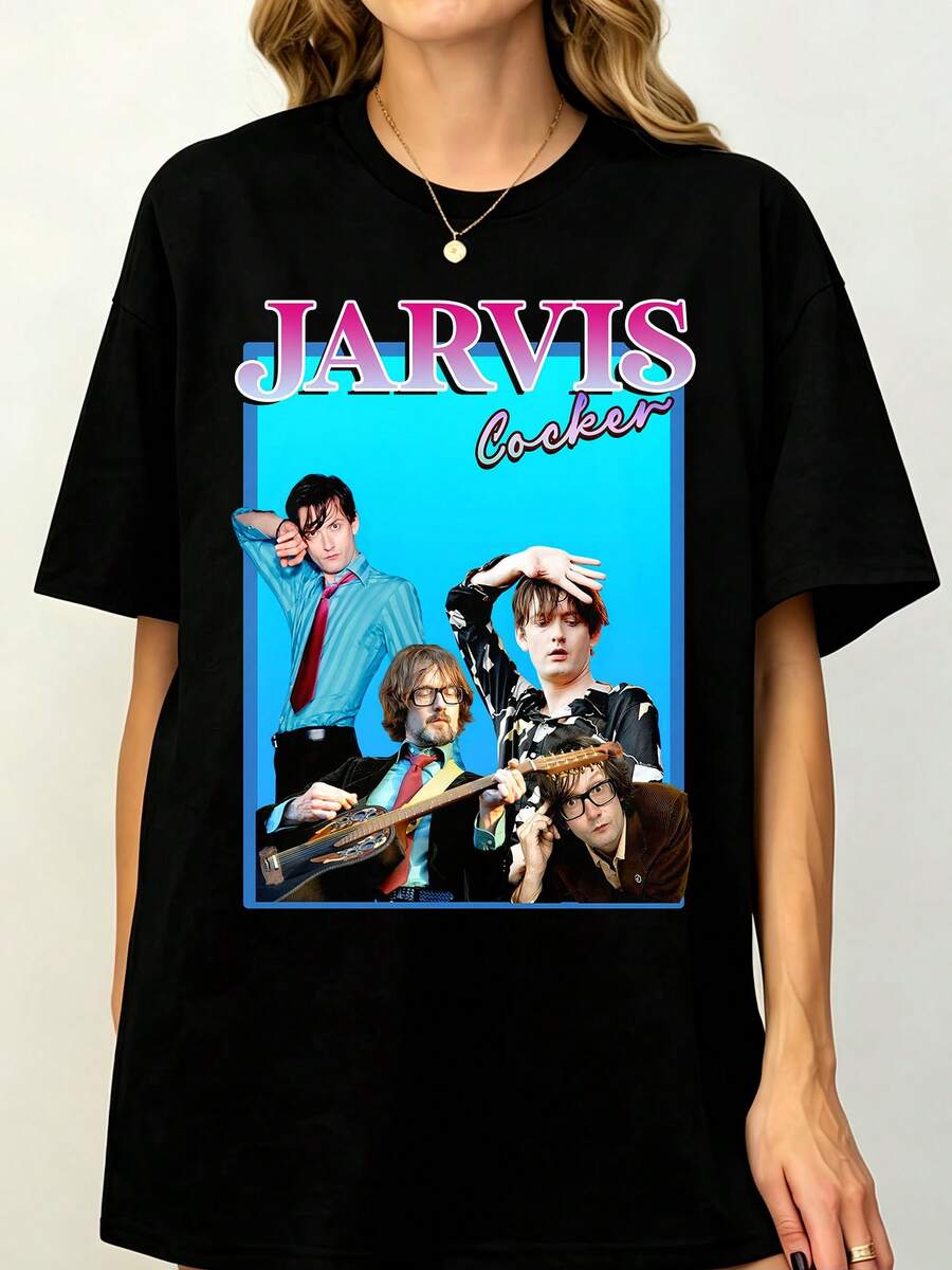 Jarvis Cocker Pulp Vintage Rock Band T-Shirt, Famous Musician Portrait Collage Y2K Millennium Festival Clothing For Summer Autumn - Black - View 1